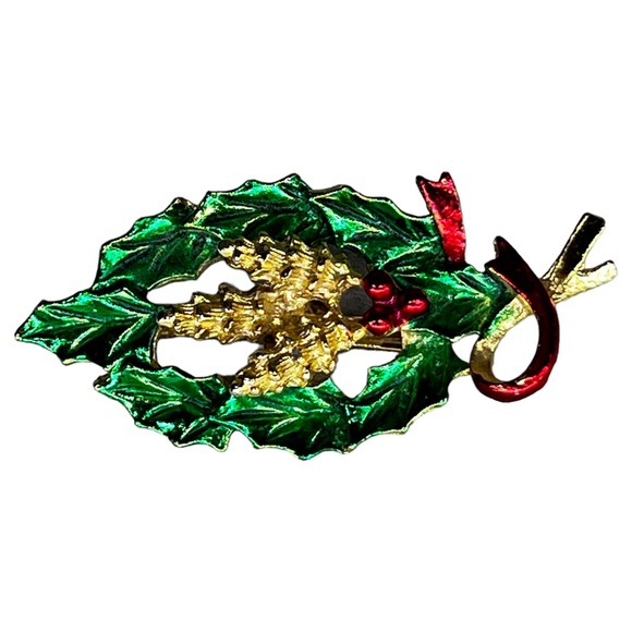 Vintage Gerrys Christmas Holiday Jewelry Pin Brooch Holly Leaves Pinecone Center - Picture 3 of 6